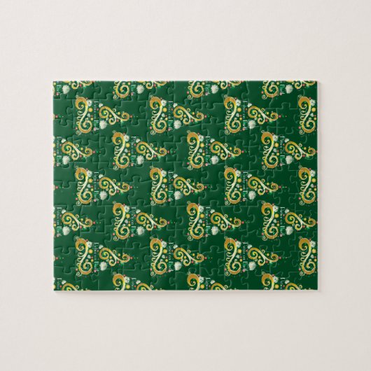 Abstract groen en goud kerstboom patroon legpuzzel (Horizontaal)