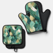 Abstract groen goud ovenwant & pannenlap set (Voorkant / Achterkant)