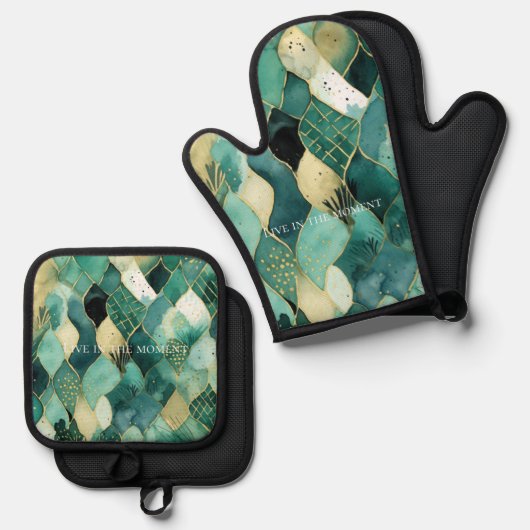 Abstract groen goud ovenwant & pannenlap set (Voorkant / Achterkant)