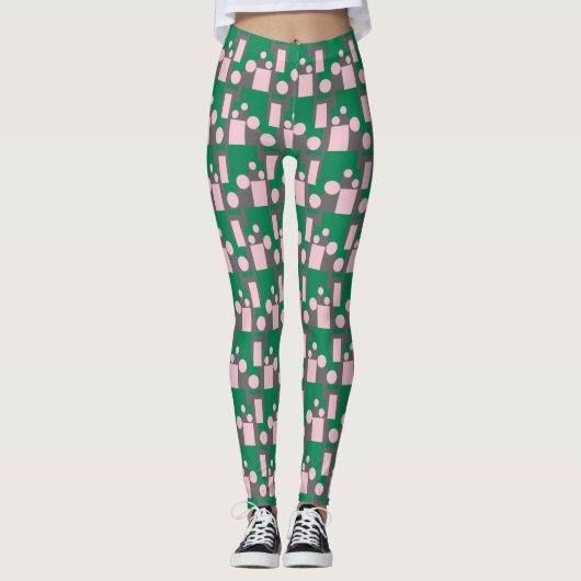 Abstract groen roze patroon met cirkels en lijnen leggings (Voorkant)