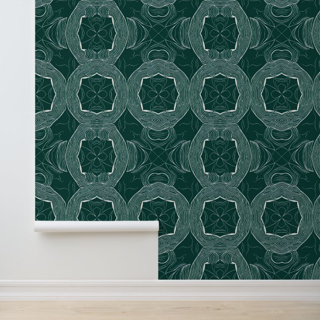 Abstract Groen & Wit Bloemlijnpatroon Behang (Applicatie)