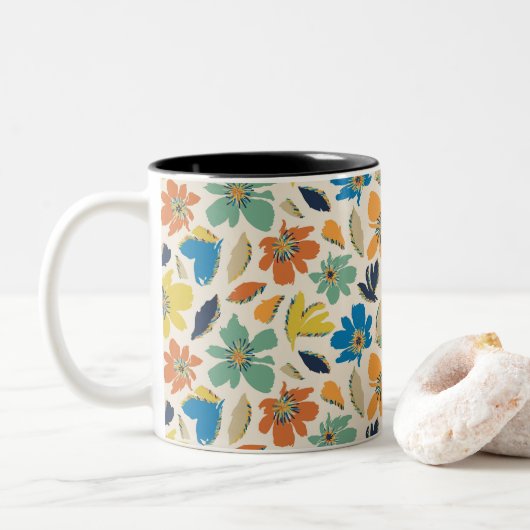 Abstract Hand-Drawn Boho Floral Pattern Tweekleurige Koffiemok (Met donut)