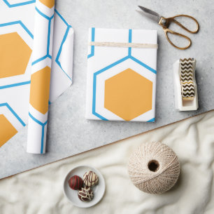 Abstract hexagon geometrisch patroon in oranje blu cadeaupapier