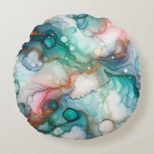 Abstract in roze, turkoois, blauw en goud rond kussen