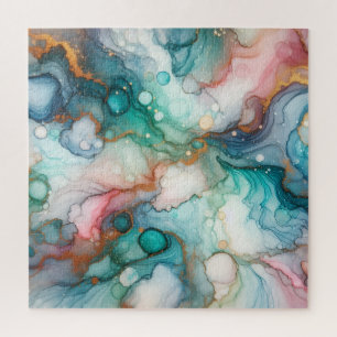 Abstract in roze, turquoise, blauw en goud legpuzzel