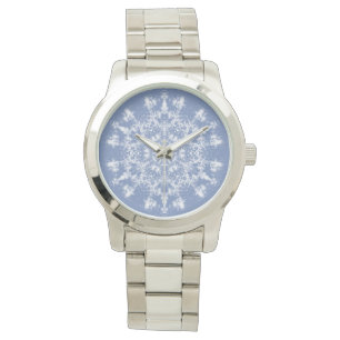 Abstract Kantig Fractal Sneeuwvlok op Blauwe Achte Horloge
