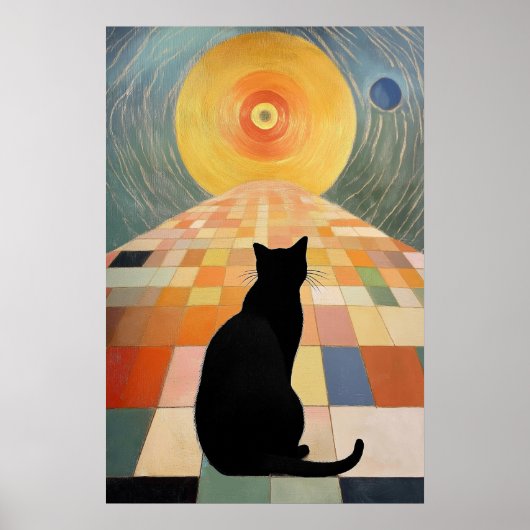 Abstract kattenschilderij - Zwarte kat en zon Poster (Voorkant)