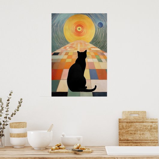 Abstract kattenschilderij - Zwarte kat en zon Poster (Keuken)