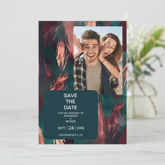 Abstract koper donkergroen stoffig roze trouwfeest save the date (Staand voorkant)