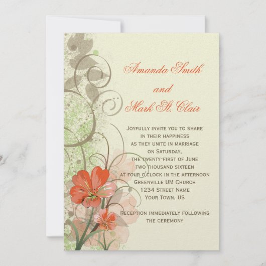 Abstract Koraal Limoen Bloemen Swirls Bruiloft Uit Kaart (Voorkant)