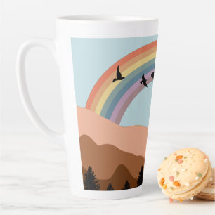 Abstract landschap bos bomen regenboog & vogels latte mok