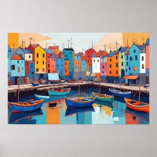 Abstract Landschap Dorp Port Achtergrond Kunst Poster