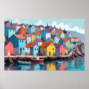 Abstract Landschap Dorp Port Achtergrond Kunst Poster