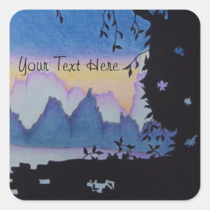 Abstract landschap met blauwe bergzonsondergang vierkante sticker