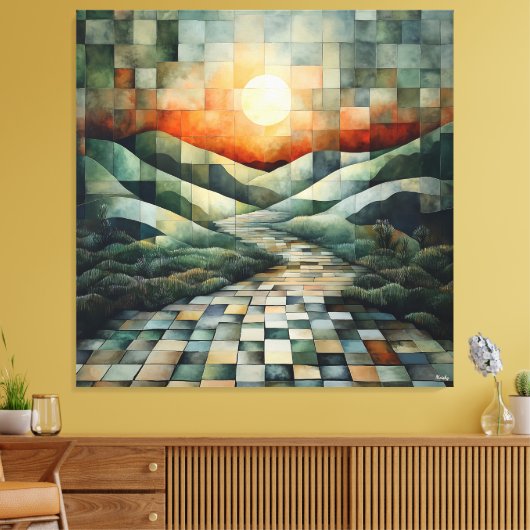 Abstract landschap met zonovergoten pad en geometr canvas afdruk (Insitu (Woonkamer))