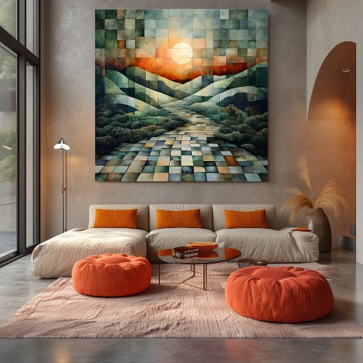 Abstract landschap met zonovergoten pad en geometr canvas afdruk