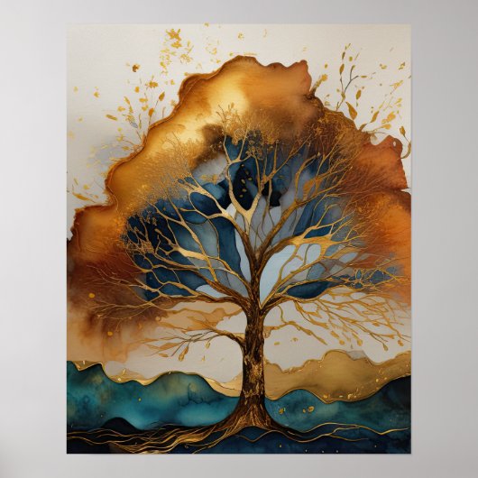 Abstract Landschap Schilderij Goud Roest Blauw Poster (Voorkant)