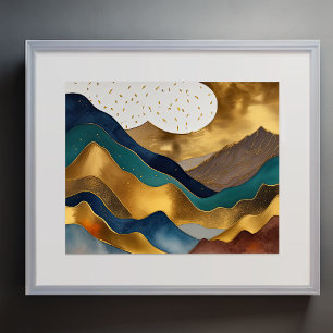 Abstract Landschap Schilderij Goud Roest Blauw Poster