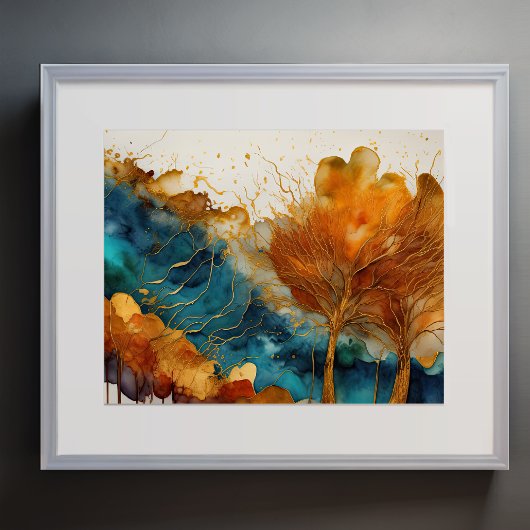 Abstract Landschap Schilderij Goud Roest Blauw Poster