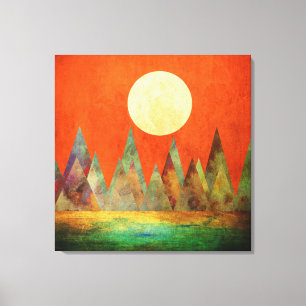 Abstract Landschap Volle Maan Bergen Oranje Lucht Canvas Afdruk