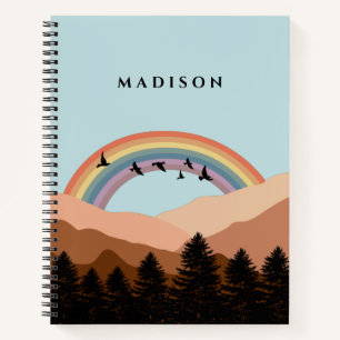 Abstract landschapsbos Bomen regenboog & vogels Notitieboek