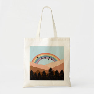 Abstract landschapsbos Bomen regenboog & vogels Tote Bag