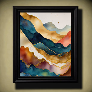Abstract Landschapsschilderij Gouden Perzik Blauw Poster
