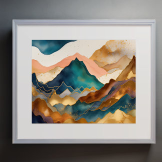 Abstract Landschapsschilderij Gouden Perzik Blauw Poster