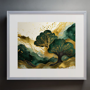 Abstract Landschapsschilderij Goudgroen Poster