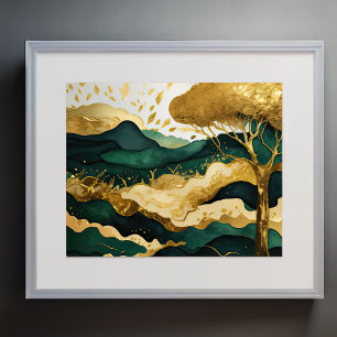 Abstract Landschapsschilderij Goudgroen Poster