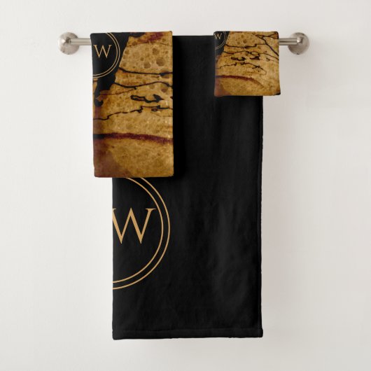 Abstract licht koper en zwart monogram bad handdoek (Insitu)