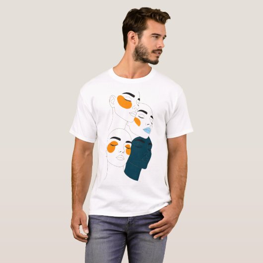 Abstract Line Art Print, Four Overlapping Faces T-shirt (Voorkant volledig)