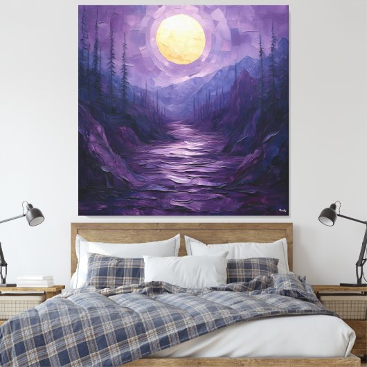 Abstract maanverlichte landschap in Paarse en goud Canvas Afdruk (Insitu (Slaapkamer))