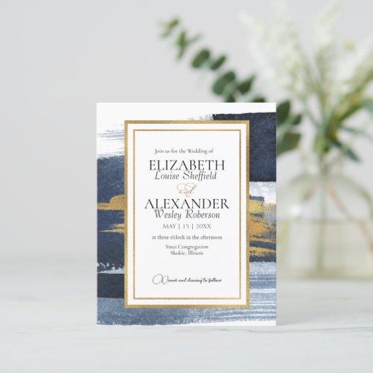 Abstract marineblauw Waterverf gouden Lijst bruilo (Staand voorkant)