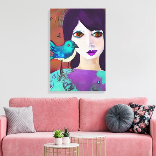 Abstract Meisje en Vogel Paarse en Blauwgroen Canvas Afdruk (Insitu (Woonkamer))