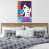 Abstract Meisje en Vogel Paarse en Blauwgroen Canvas Afdruk (Insitu (Slaapkamer))