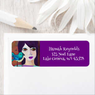 Abstract Meisje en Vogel Paarse en Blauwgroen Etiket
