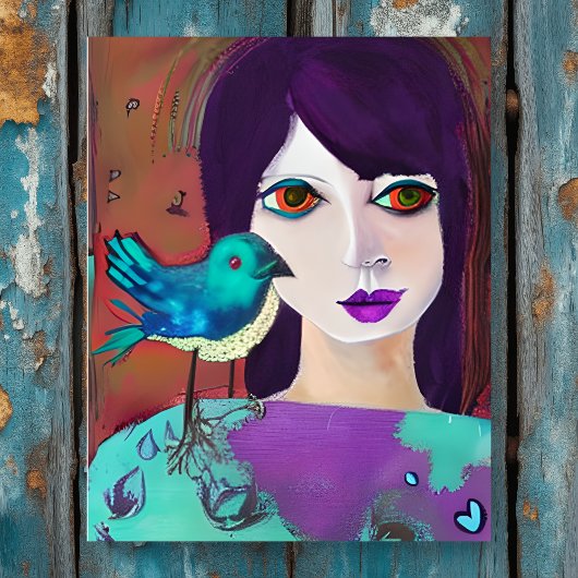 Abstract Meisje en Vogel Paarse en Blauwgroen Poster