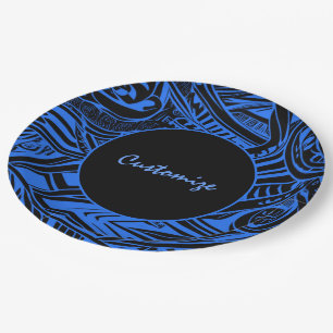 Abstract met zwarte en blauwe tribale papieren bordje