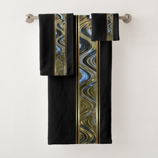 Abstract metaalgoud en blauwe golven op zwart bad handdoek (Insitu)