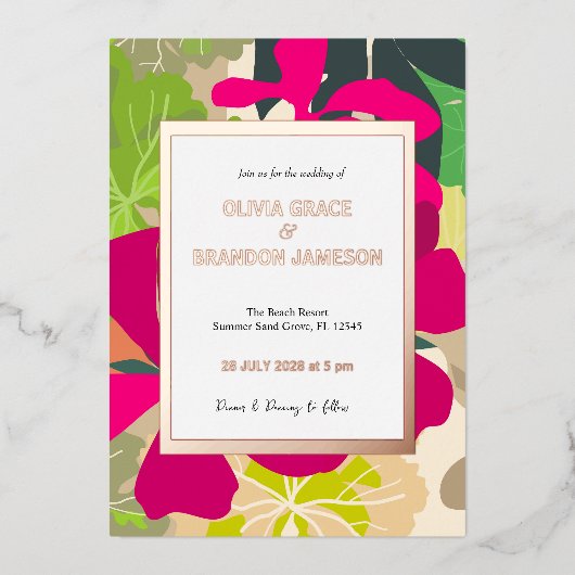 Abstract Modern Heet Roze Bloemen Bruiloft Goud Folie Uitnodiging (Voorkant)