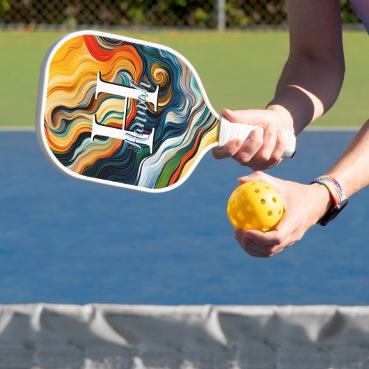 Abstract modern kunstkleurig zwemmonogram pickleball paddle (Insitu)