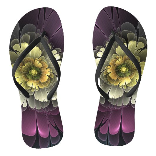Abstract Modern Purper Khaki Grijs Fractal Bloem Teenslippers (Voetbed)