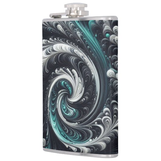 Abstract Modern Wervelend Groen, Zilver en Zwart Heupfles (Links)