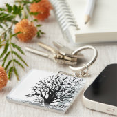 Abstract modern zwart boomsilhouet wit sleutelhanger (Voorkant Rechts)