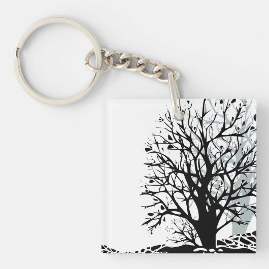Abstract modern zwart boomsilhouet wit sleutelhanger (Voorkant)
