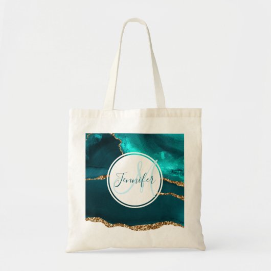 Abstract monogram Blauwgroen en Gold Agate Tote Bag (Voorkant)