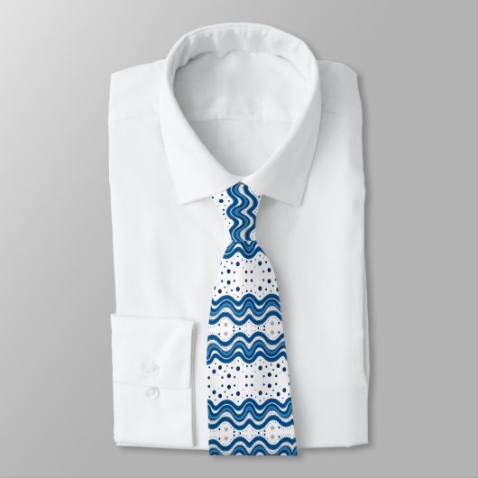 Abstract Moroccan White & Blue Wavy Lines & Dots Stropdas (Gebonden)