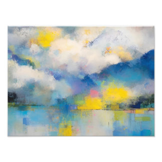 Abstract Mountain Lake in Soft Blue and Yellow  Foto Afdruk