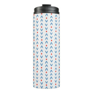 Abstract naadloos patroon in blauw en rood op crèm thermosbeker